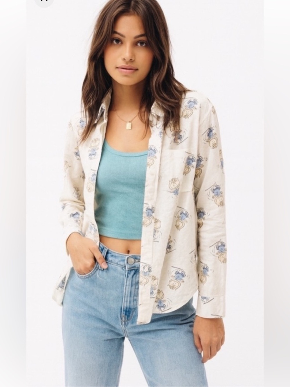 aerie oversized  Button-Up Shirt with Light Blue Peanuts Print Sally Brown